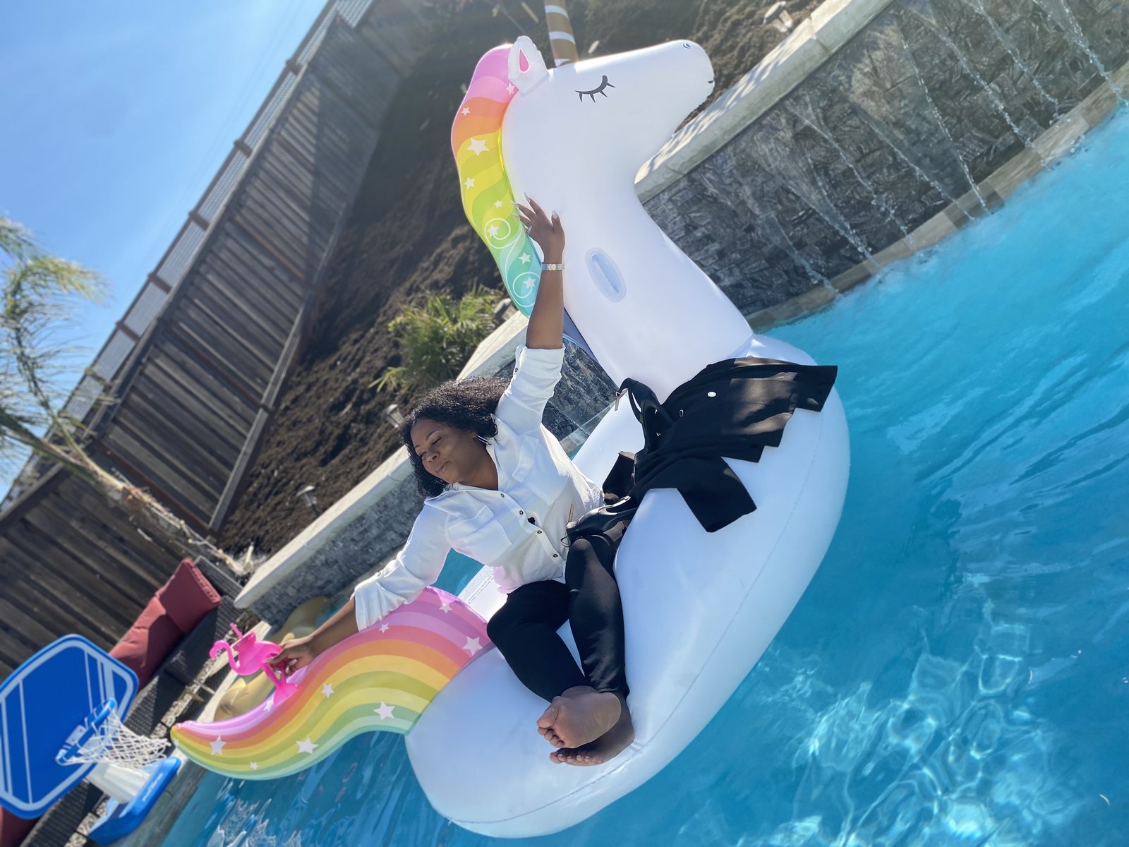 Michele leaning back on the float